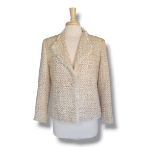 Carlucci Tweed Fringe Women's Festive Party Blazer. Cream/Tan. Size Medium
